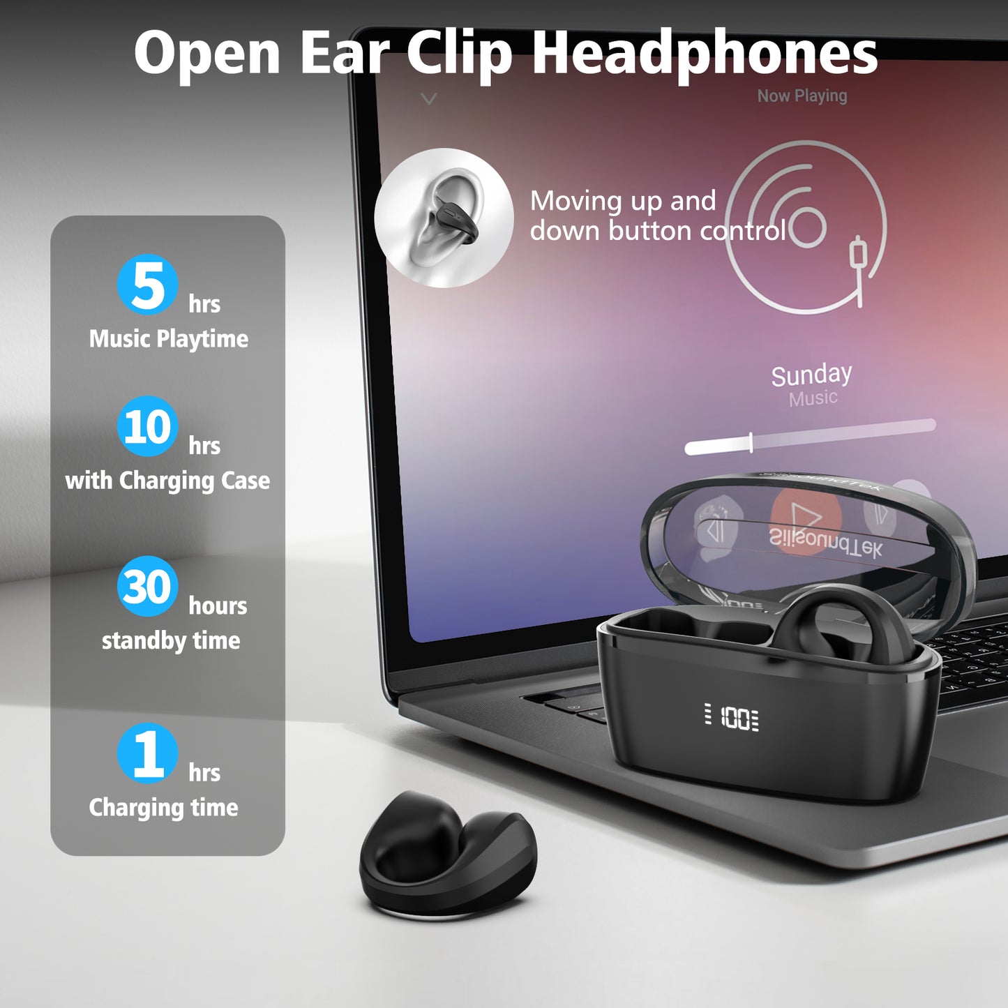 CelsusSound Tek S600 Open Ear Clip Headphones, Wireless Earbuds Bluetooth 5.3 Sports Earphones Built-in Mic with Earphones Charging Case(Black)