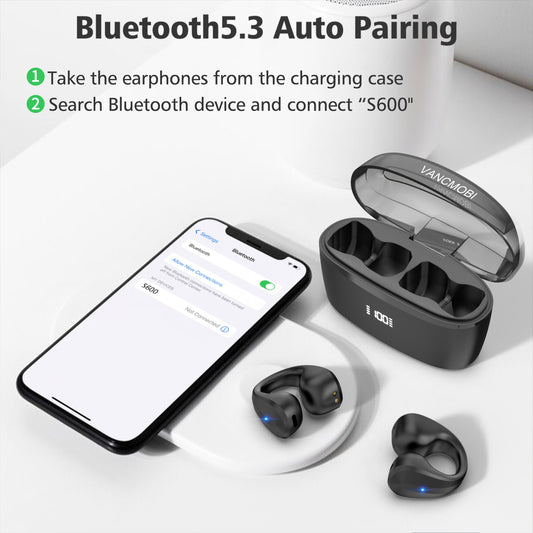 CelsusSound S600 Open Ear Clip Headphones, Wireless Earbuds Bluetooth 5.3 Sports Earphones Built-in Mic with Earphones Charging Case(Black)